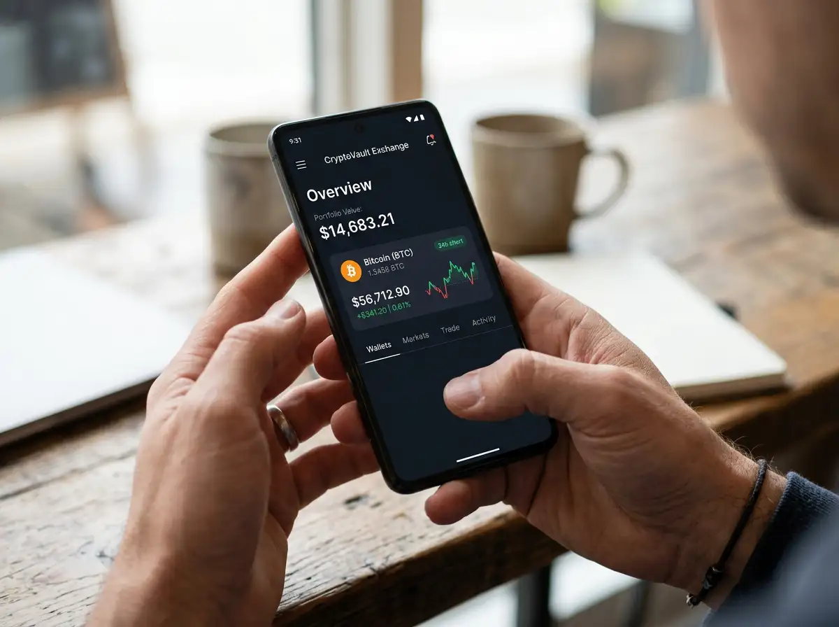 Persona usando un smartphone con una aplicación de exchange de criptomonedas mostrando un saldo en bitcoin