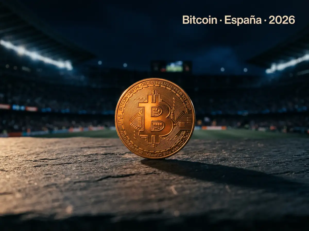 Moneda física de Bitcoin sobre superficie oscura iluminada en ámbar, simboliza apuestas con Bitcoin en España 2026