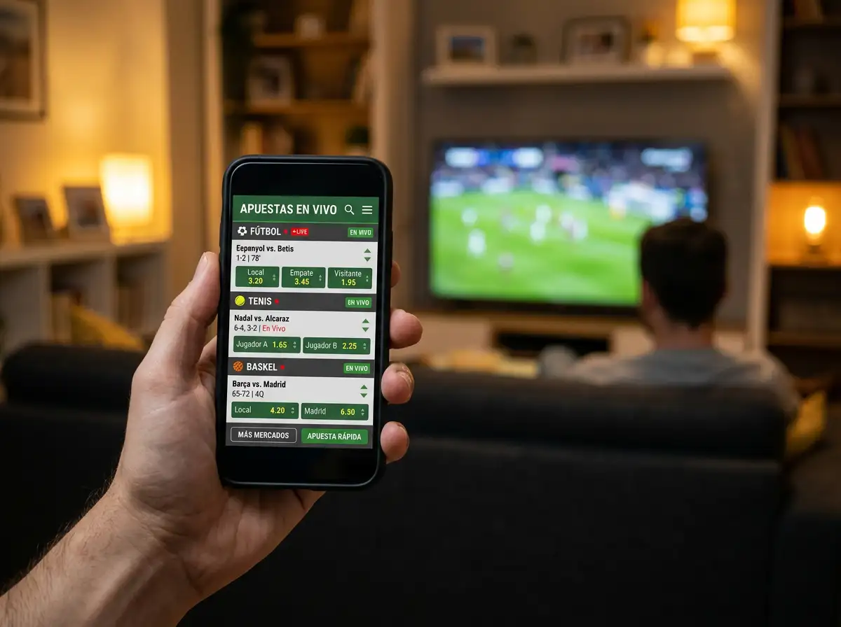 Smartphone con interfaz de apuestas en directo de un sportsbook cripto mostrando cuotas que cambian en tiempo real