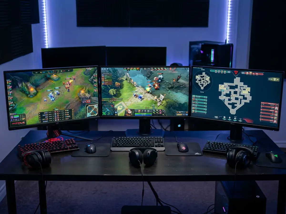 Triple pantalla mostrando partidas simultáneas de LoL, Dota 2 y Valorant con paneles de cuotas en cripto