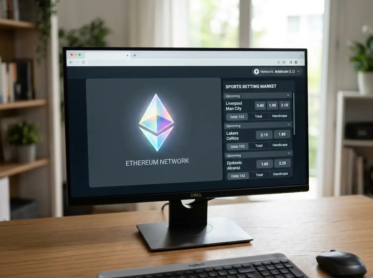 Logo de Ethereum junto a pantallas con cuotas deportivas y red Arbitrum