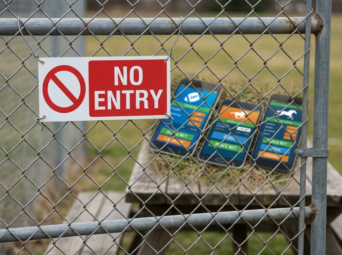 Valla con cartel de prohibido el paso y dispositivos móviles con apps de apuestas detrás