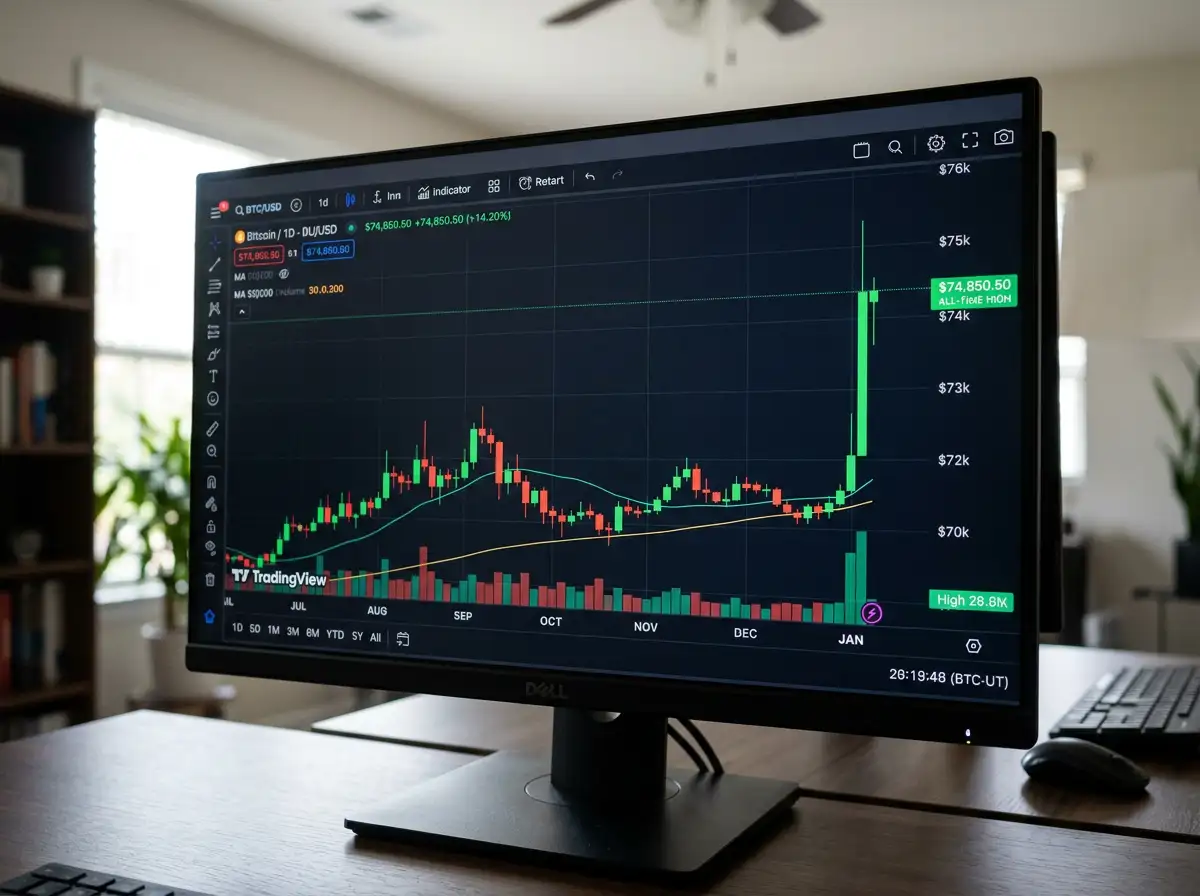 Pantalla de ordenador mostrando el gráfico de precio de Bitcoin con una vela alcista marcando un máximo histórico