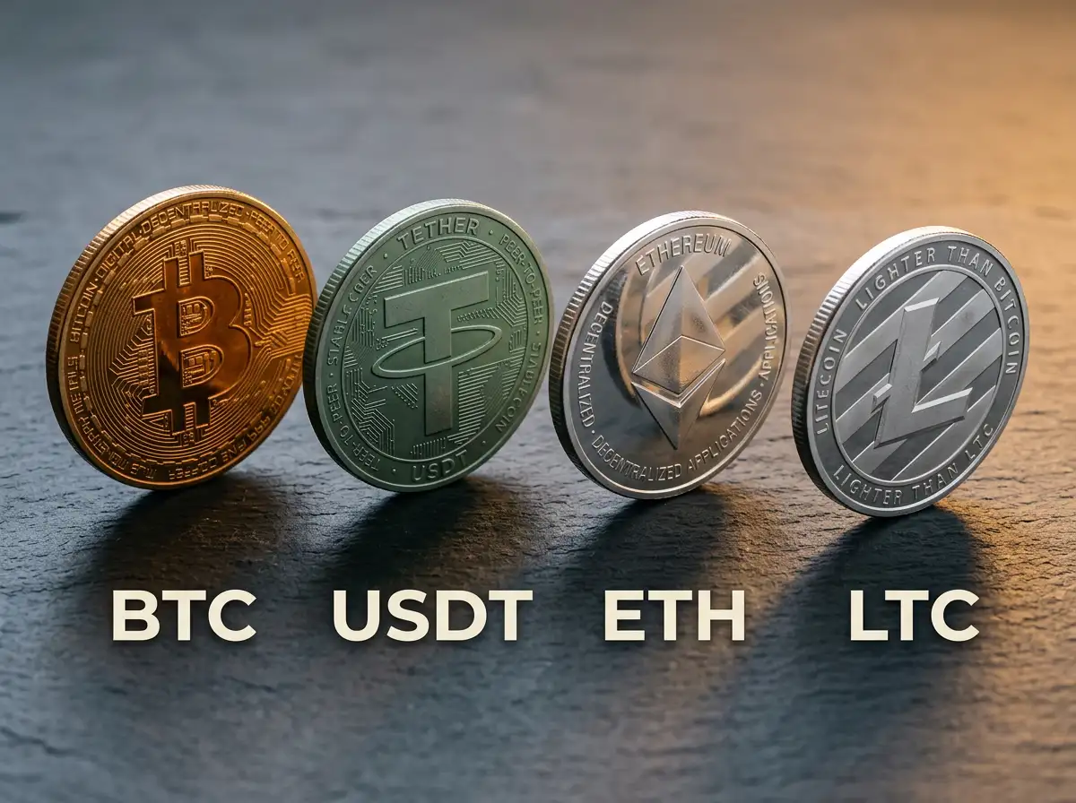 Cuatro monedas físicas simbólicas Bitcoin, USDT, Ethereum y Litecoin sobre superficie texturizada
