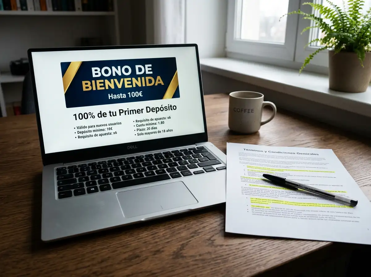 Banner promocional de bono 200% sobre fondo cripto con anotaciones manuales del cálculo del rollover