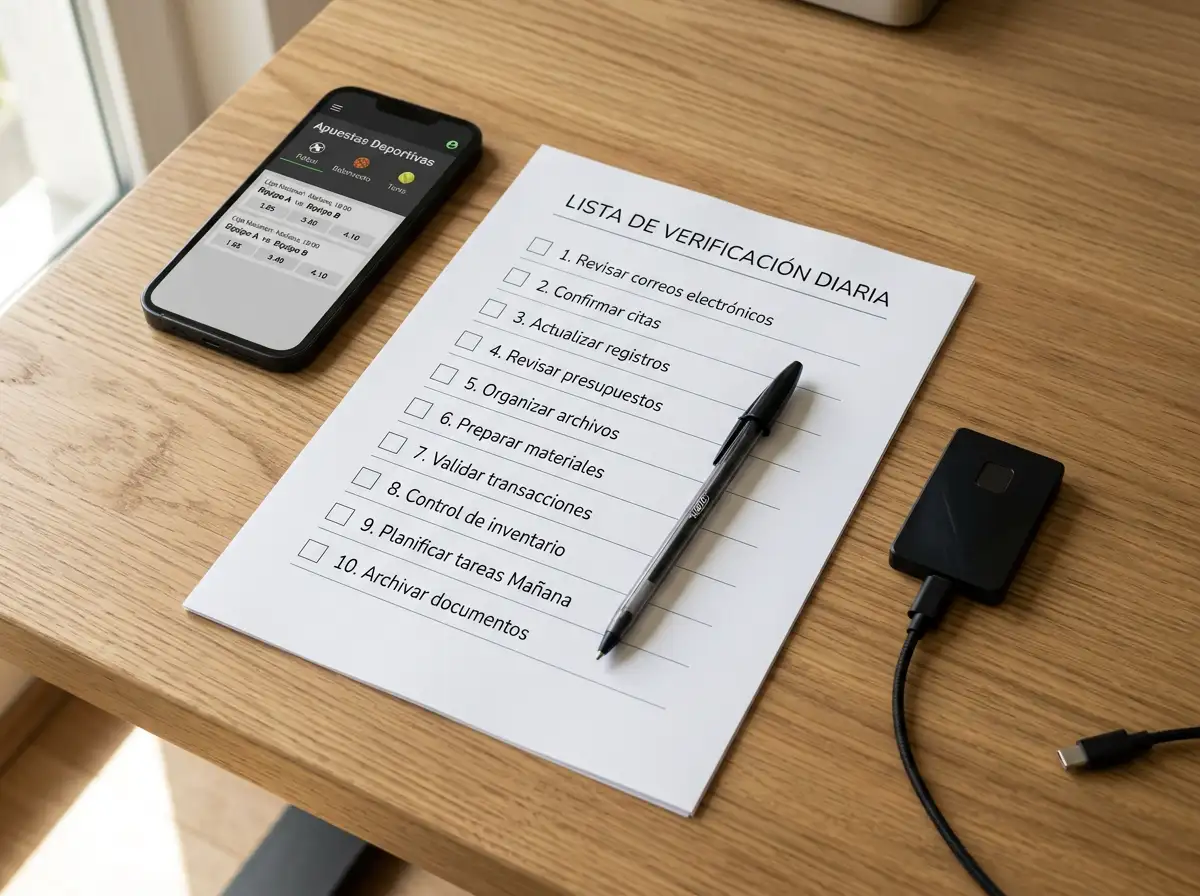 Lista de verificación impresa sobre escritorio junto a una hardware wallet y un móvil con una app de sportsbook abierta