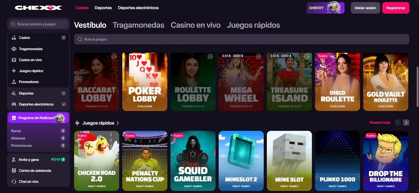 Lobby de casino con categorías filtros y cuadrícula de juegos