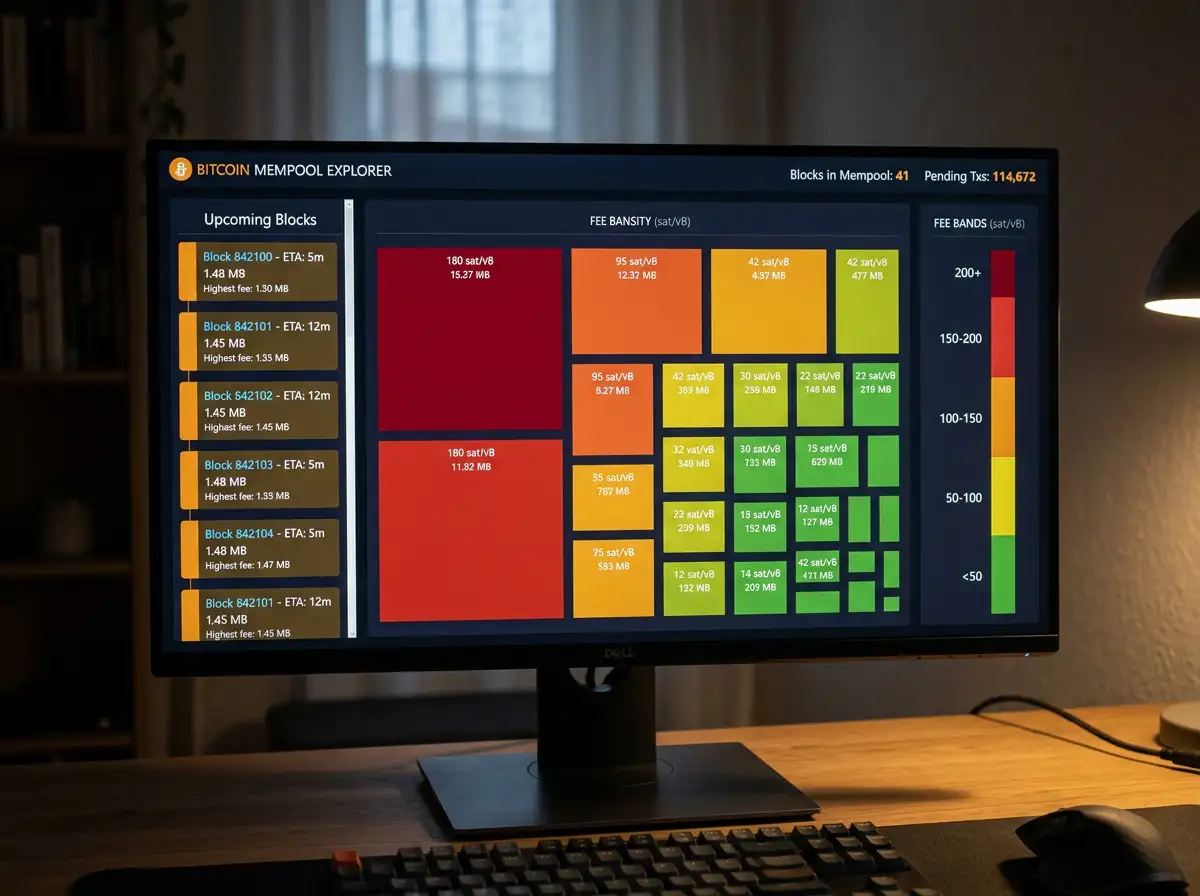 Pantalla con mempool de Bitcoin mostrando bloques pendientes y fees por satoshi