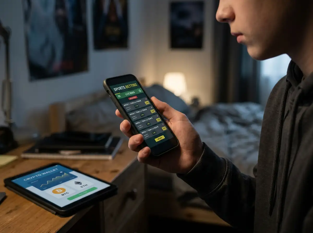 Mano joven sosteniendo un móvil con interfaz de apuestas y wallet de criptomonedas