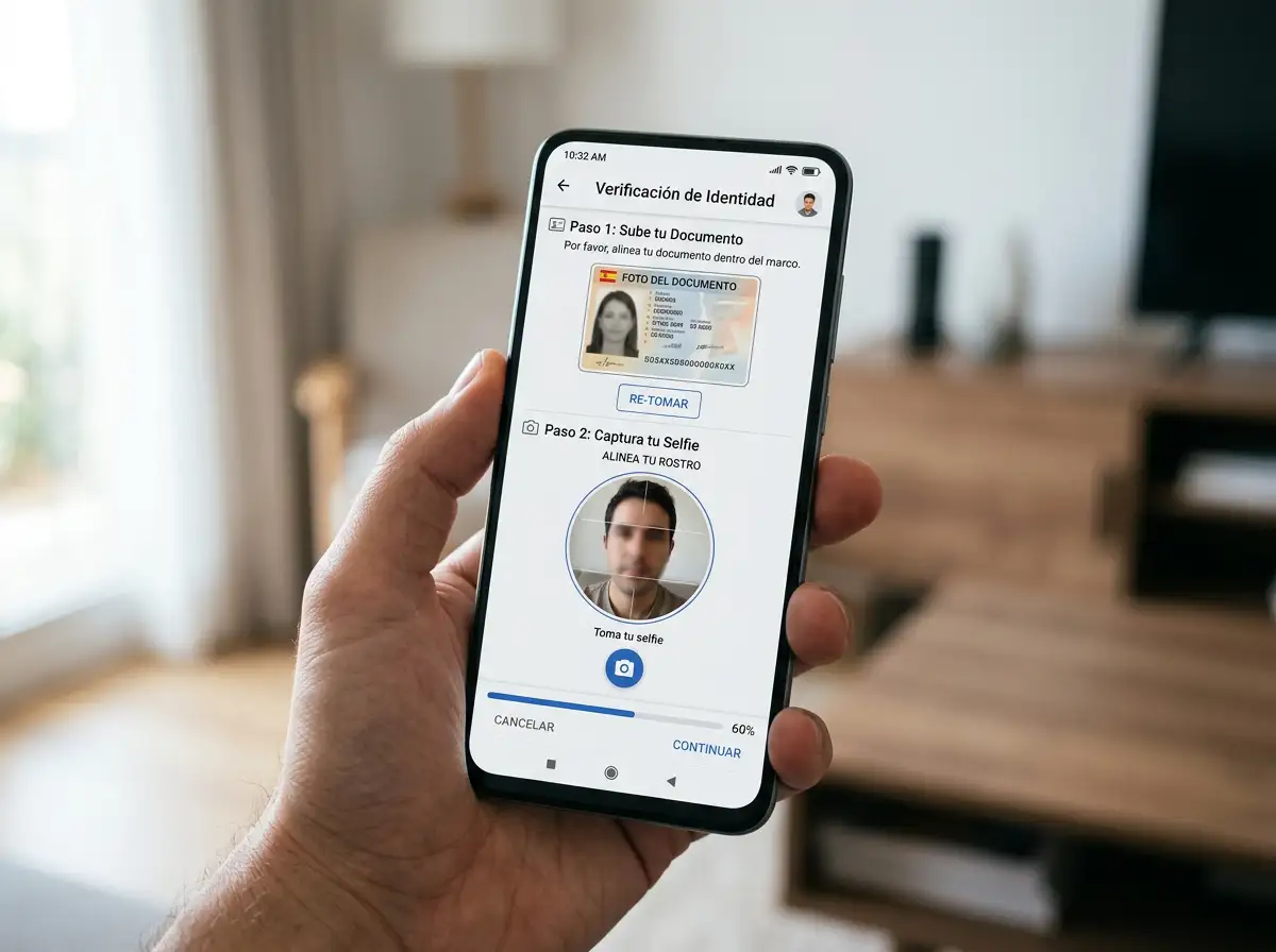 Smartphone mostrando un proceso de verificación KYC con DNI español y selfie de validación