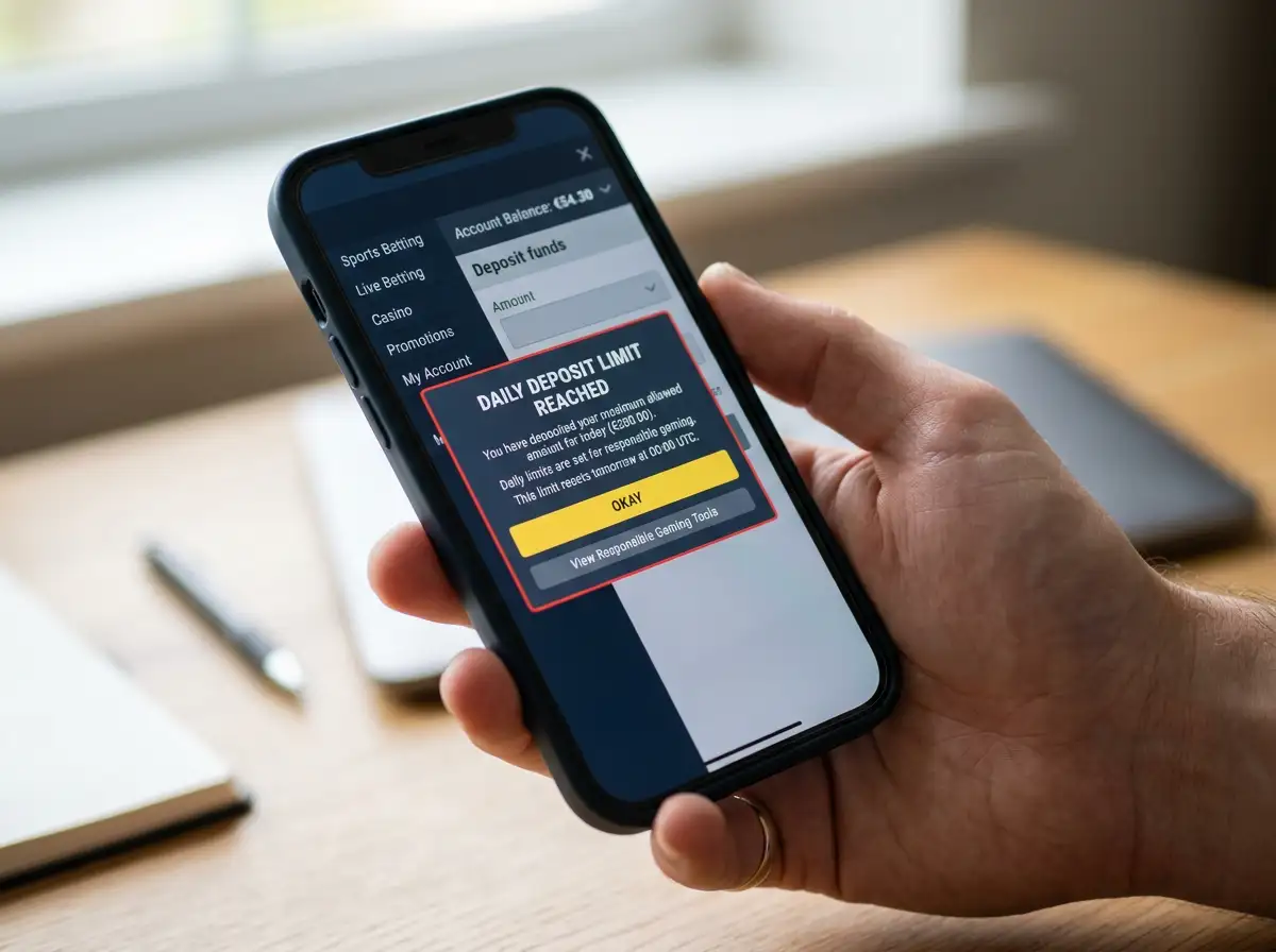 Pantalla de smartphone mostrando un aviso de límite de depósito alcanzado en una casa de apuestas online con licencia DGOJ