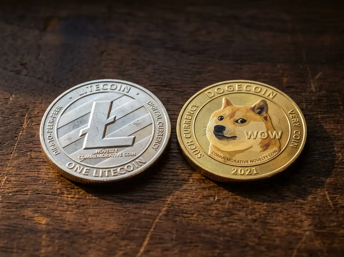 Monedas conmemorativas plateadas de Litecoin y doradas de Dogecoin colocadas sobre una mesa de madera oscura