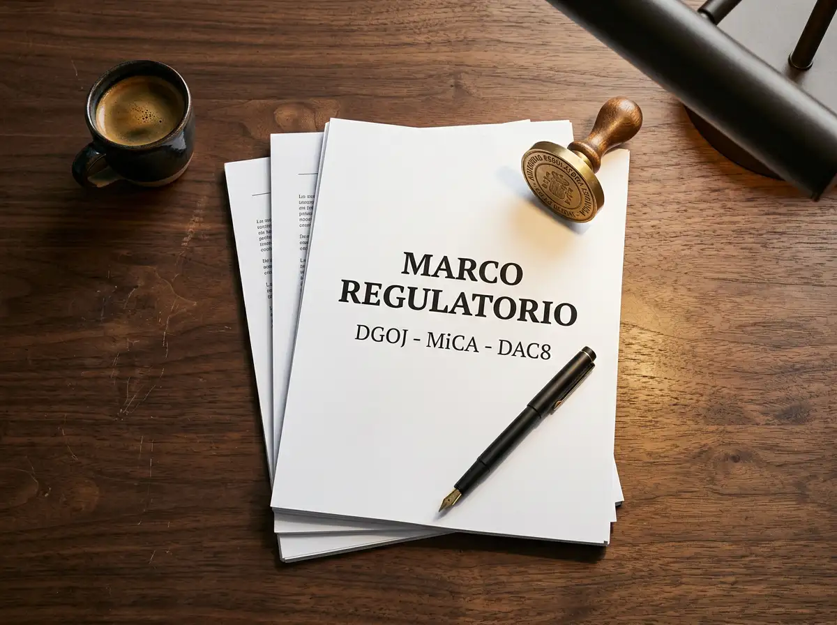 Documentos regulatorios DGOJ y MiCA sobre escritorio con sello oficial y pluma estilográfica
