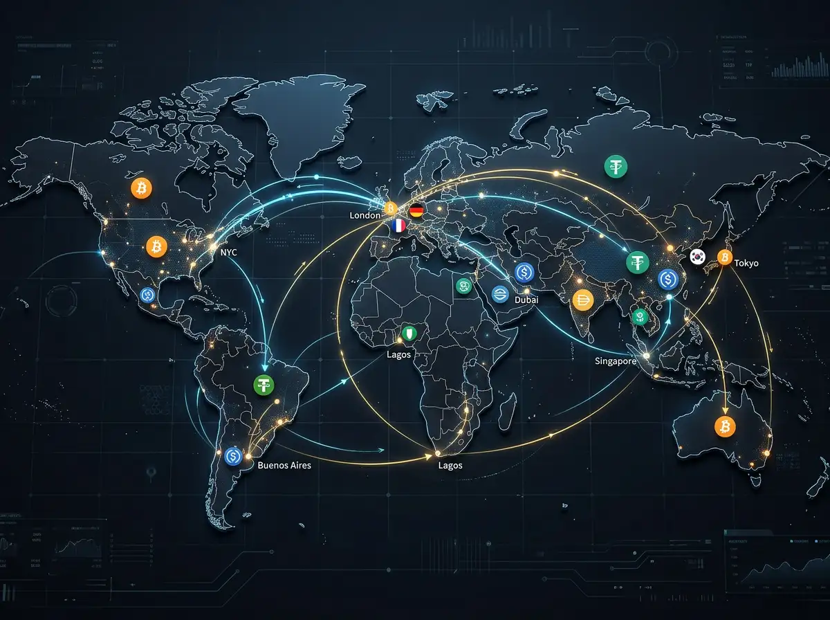 Mapamundi digital con flujos de bitcoin y stablecoins entre continentes