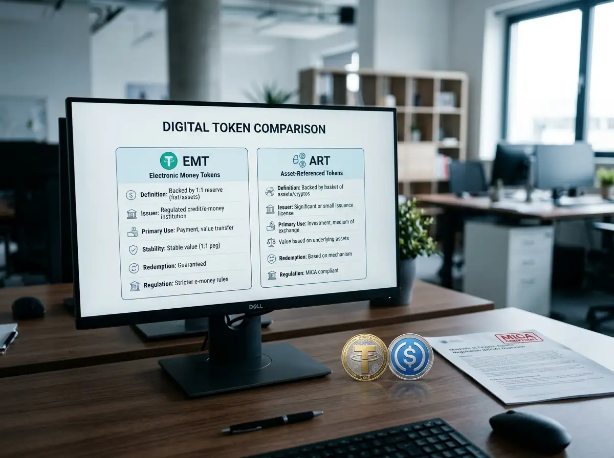 Esquema comparativo de tokens EMT y ART junto a logos de USDT y USDC bajo el sello del Reglamento MiCA