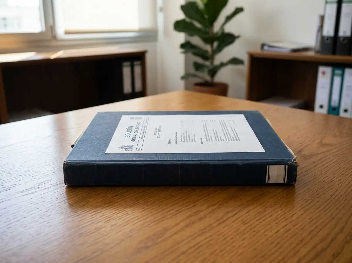 Carpeta archivadora con la portada del Boletín Oficial del Estado sobre una mesa de despacho