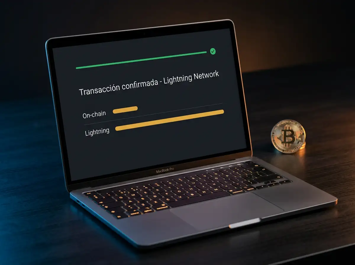 Pantalla de ordenador con confirmación de transacción Bitcoin Lightning Network en interfaz limpia