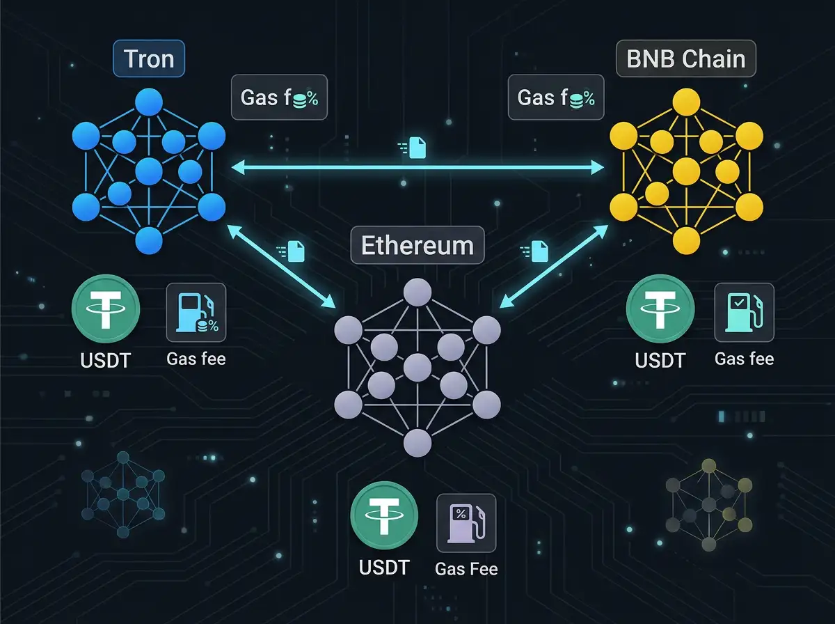 Diagrama de tres redes blockchain Tron Ethereum y BNB Chain con sus respectivos tokens USDT y comisiones de gas