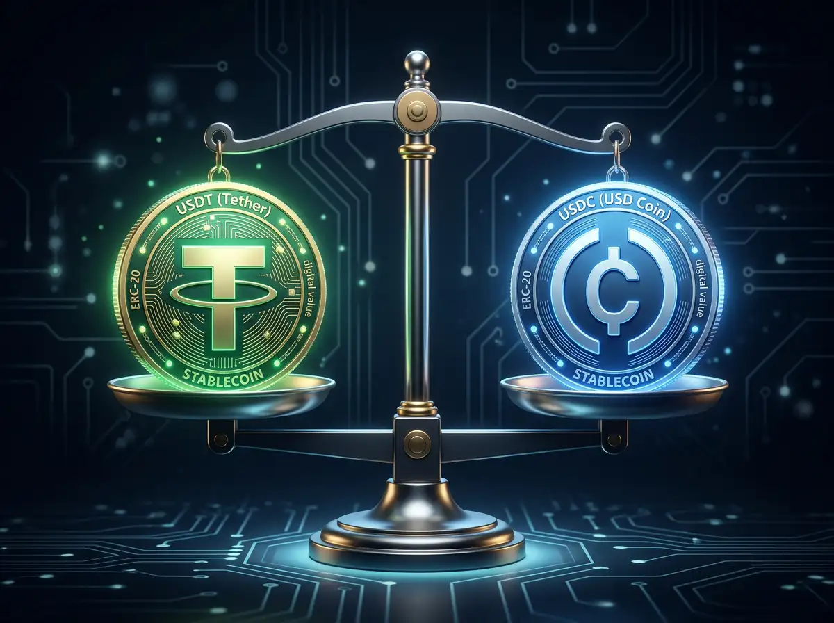 Dos tokens digitales USDT y USDC representados sobre una balanza estilizada con fondo de circuitos