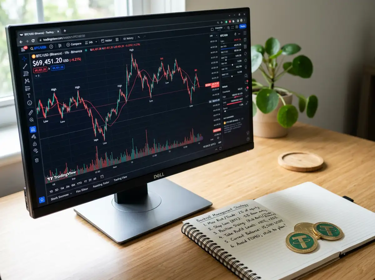 Gráfica del precio de Bitcoin junto a un libro de bankroll y monedas de USDT
