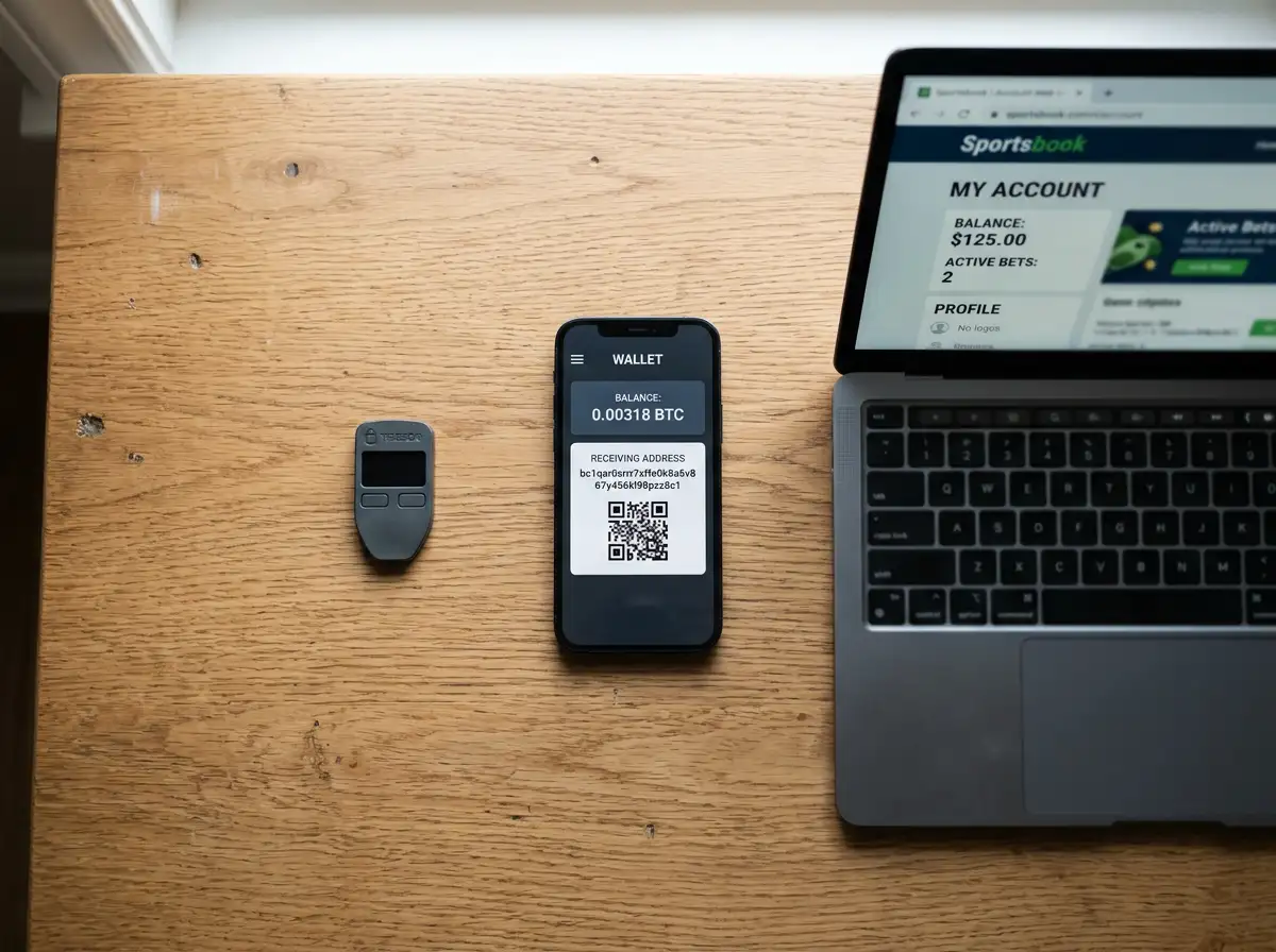 Comparación visual de un hardware wallet, una wallet móvil y la interfaz de cuenta de un sportsbook cripto